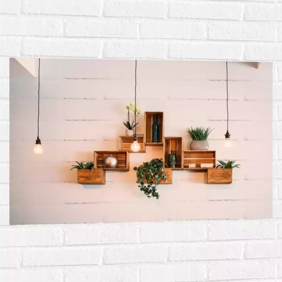 Muursticker Trio Lampen voor Kistjes met Planten aan de Muur 90x60 cm Foto op Muursticker