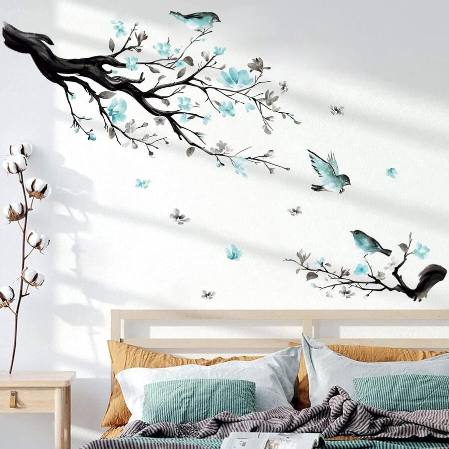 Decalmile Muurstickers Blauwe Bloemen Waterverf Muurtattoo Bloesemboom Vogel Muursticker Woonkamer Slaapkamer Bank TV Achtergrond Wanddecoratie
