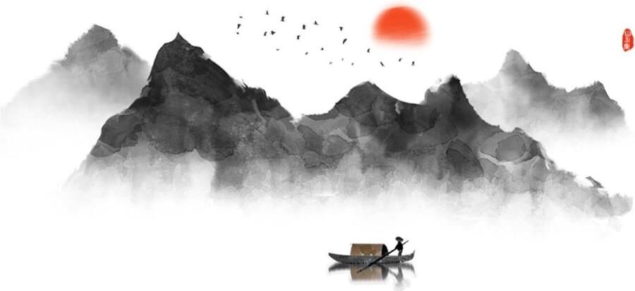 Muursticker Woonkamer bergen silhouet vogels maan vissersboot muurschildering voor bank Tv achtergrond kantoor 144 x 72 cm