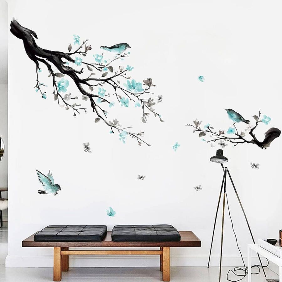 Muurstickers Blauwe Bloemen Waterverf Muurtattoo Bloesemboom Vogel Muursticker Woonkamer Slaapkamer Bank TV Achtergrond Wanddecoratie