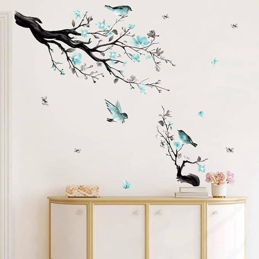 Muurstickers Blauwe Bloemen Waterverf Muurtattoo Bloesemboom Vogel Muursticker Woonkamer Slaapkamer Bank TV Achtergrond Wanddecoratie