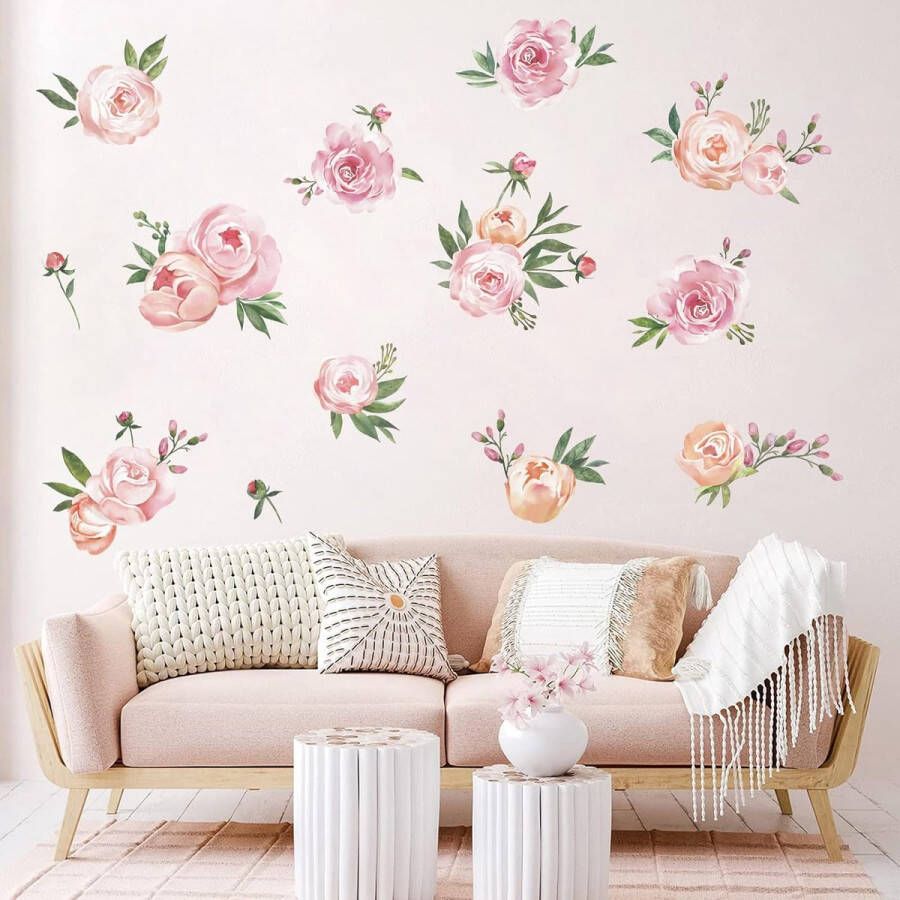 Muurstickers Pioenroos Bloemen Muurtattoo Bloemen Waterverf Muursticker Woonkamer Slaapkamer Bank TV Achtergrond Wanddecoratie