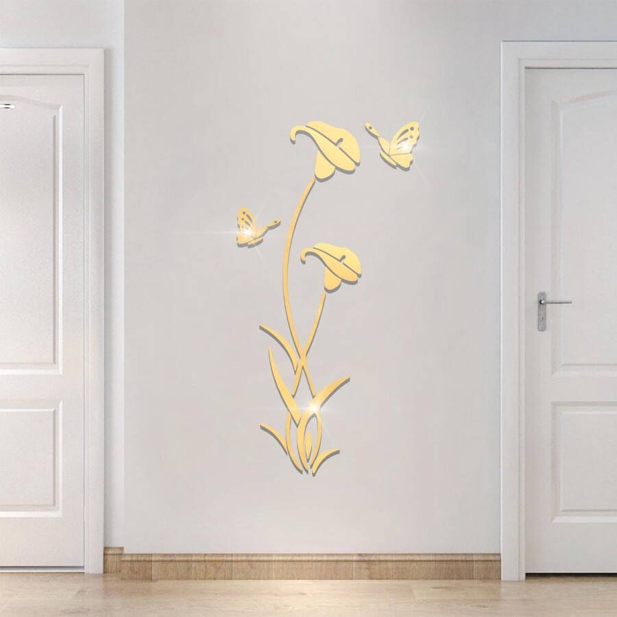 Muurtattoo bloem 3D DIY spiegel muursticker voor woonkamer muursticker voor slaapkamer wanddecoratie voor bank achtergrond TV muur achtergrond (59 x 31 inch goud)