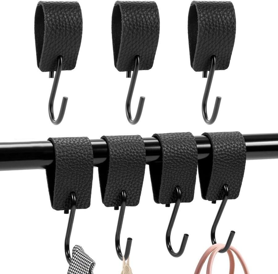 MVIWEO 7-pack S-haken zwart multifunctionele haken met leren lus jashaken kledinghaken metalen haken slagershaken voor garderobe kledingstang keuken badkamer 12 5 cm x 3 cm