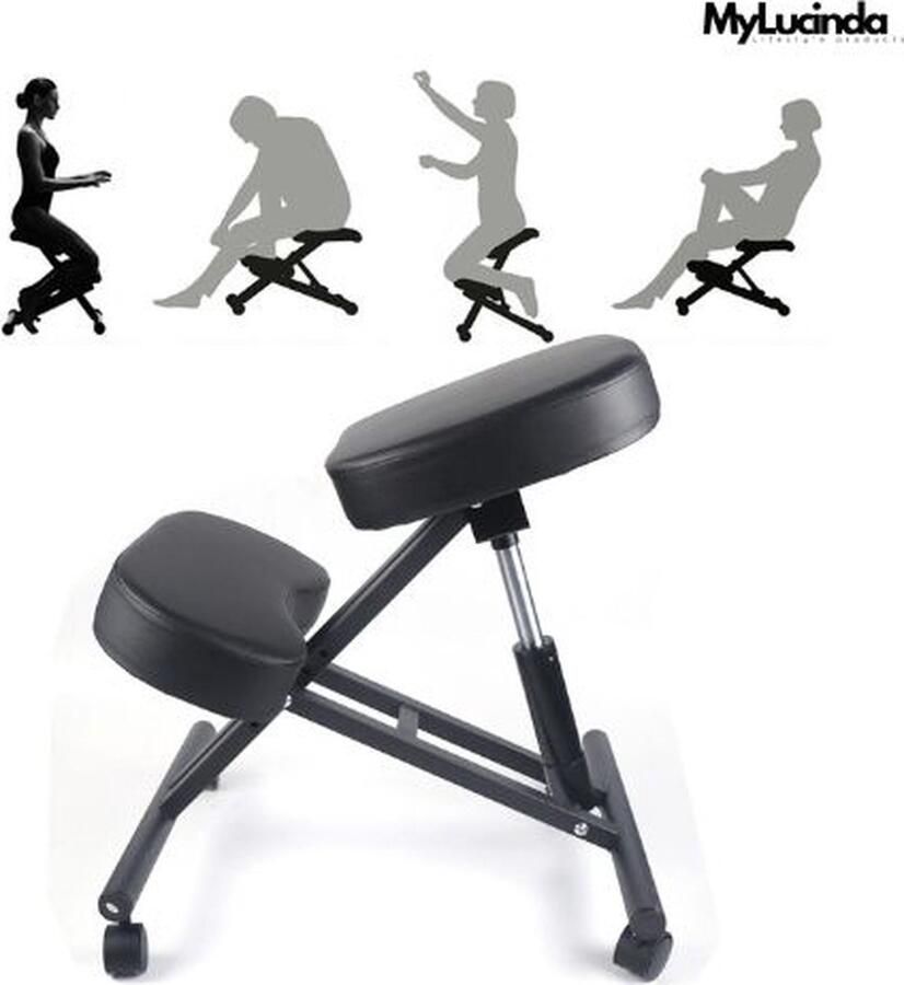 Mylucinda Comfortabele Kniestoel – Orthopedisch En Ergonomisch – Verstelbare Bureaustoel Op Wielen – Kunstleer – Zwart