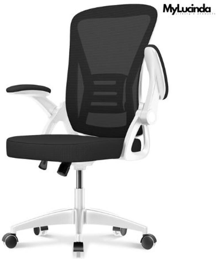 Mylucinda Ergonomische Bureaustoel – In Hoogte Verstelbaar – 90° Opklapbare Armleuningen – Gewatteerd Zitkussen – Zwart Wit