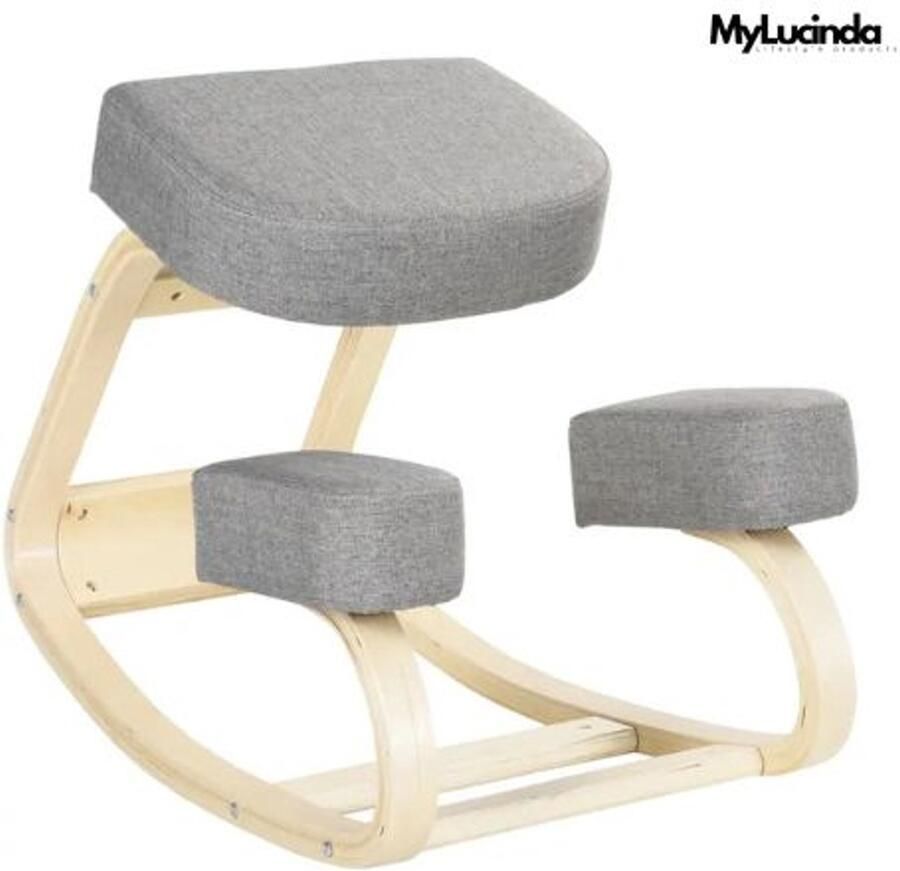 Mylucinda Ergonomische Kniestoel – Orthopedische Bureaustoel Met Houten Frame – Comfortabel Gewatteerd Zitkussen – Grijs
