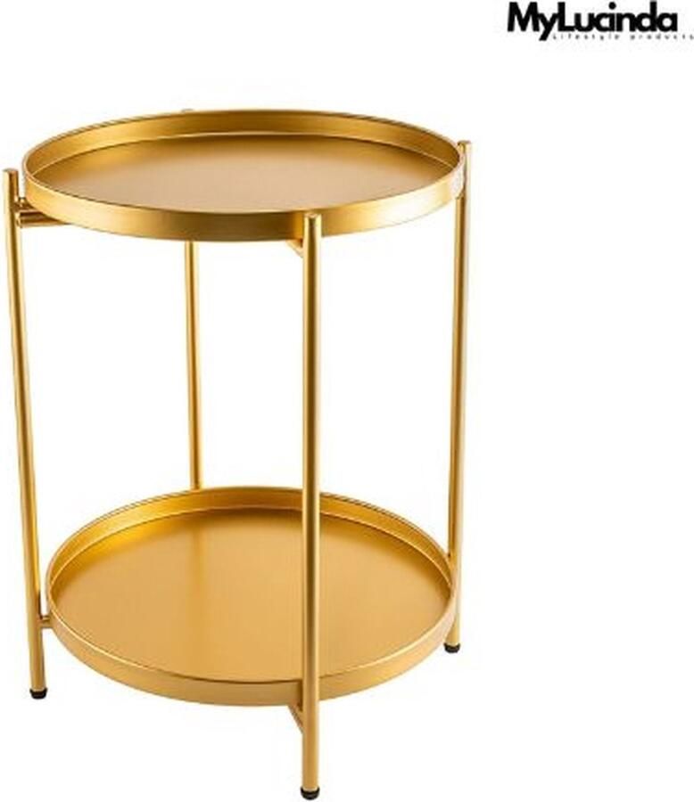 Mylucinda Luxe 2-Tier Ronde Bijzettafel Metalen Tafel met Afneembaar Dienblad Voor Woonkamer Gouden Afwerking
