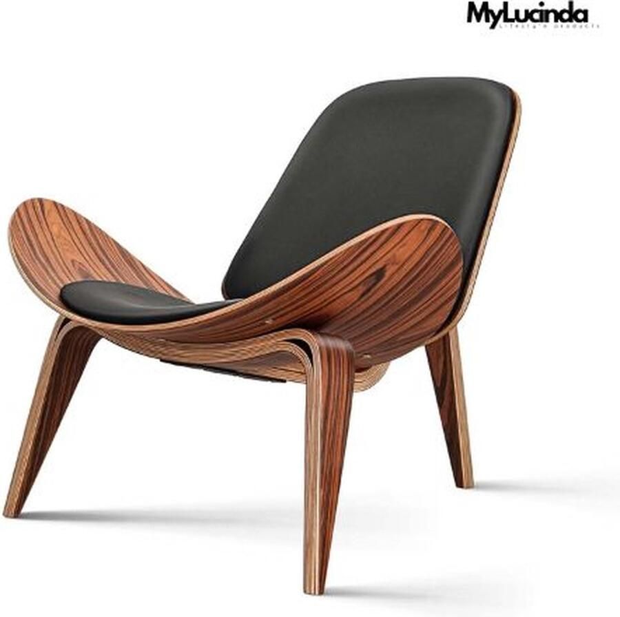 MyLucinda Luxe Nordic Lounge Stoel Driepotig Schelpontwerp Zwart Walnoot Multiplex & Kunstleer Perfect voor de Woonkamer