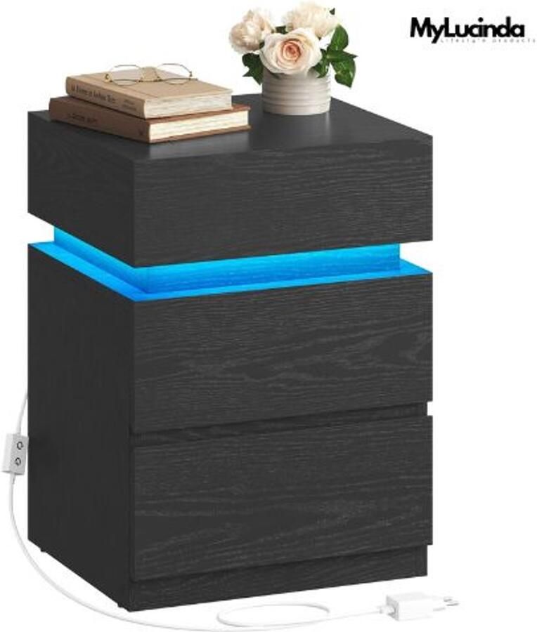 Mylucinda Modern Nachtkastje – LED-Verlichting Met Verstelbare Kleuren – 3 Laden – Bijzettafel – 35x40x55 cm – Zwart