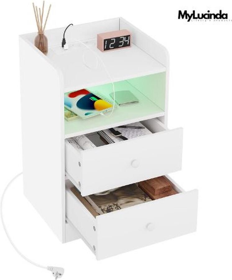 Mylucinda Modern Nachtkastje – Met Laadstation En USB-Aansluiting – LED-Verlichting Met Afstandsbediening – 40x35x64 cm – Wit