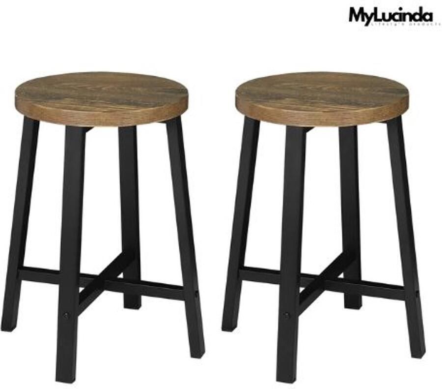 Mylucinda Set van 2 Barkrukken – Vintage Hardhouten Zitvlak & Metalen Poten – 29x46 cm – Voor Keuken Bar Restaurant & Café
