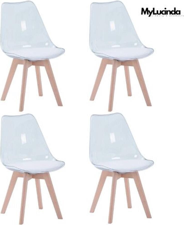 MyLucinda Set van 4 Transparante Eetkamerstoelen Moderne PU Stoelen met Houten Poten Wit Comfortabel en Duurzaam