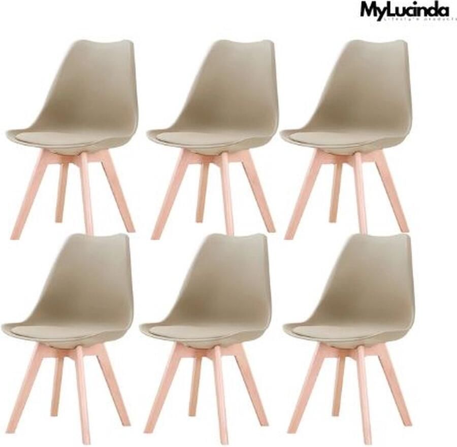 MyLucinda Set van 6 Nordic Eetkamerstoelen Gewatteerde Zitting en Beukenhouten Poten Beige Voor Eetkamer & Restaurant