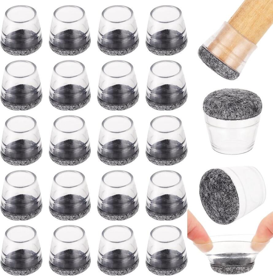 Mynoozi 20 stuks transparante stoelpootbeschermers kleine siliconen eetkamerstoel meubelvoetbeschermer met grijs omhullend vilt hardhouten vloerbeschermer geluidsreductie (geschikt voor stoelpoten