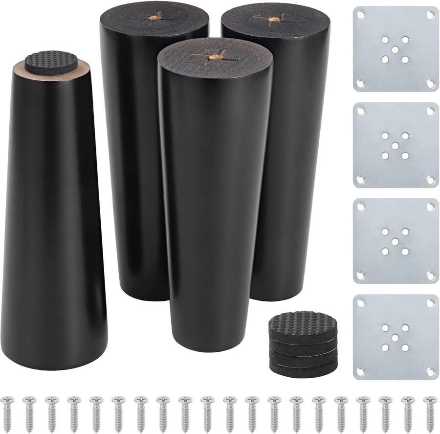 Mynoozi 6 Inch Solid Eucalyptus Wood Tapered Furniture Legs Set of 4 Black Bench Legs with Mounting Plates Screws and Non-Slip Mats for Table Chair Couch Cupboard