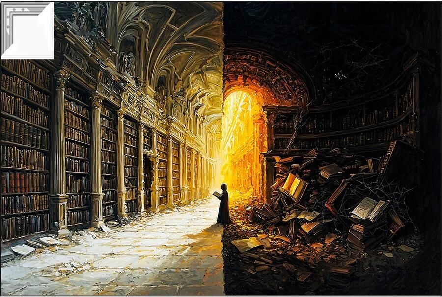 Mystieke bibliotheek met lichtcontrast Bibliotheek ArtFrame schilderijen ArtFrame schilderijen boeken Surrealistisch Artistieke frames Decoratie woonkamer artframe 60x40 cm