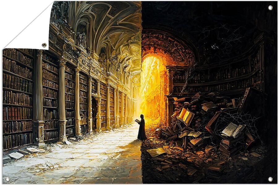 Mystieke bibliotheek met lichtcontrast Bibliotheek buitenposter Tuinkunst boeken Surrealistisch Tuin posters Poster tuin tuinposter 75x50 cm