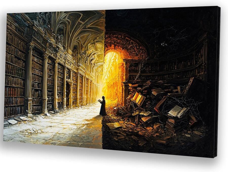Mystieke bibliotheek met lichtcontrast Bibliotheek canvas schilderij Wanddecoratie canvas boeken Surrealistisch Decoratie voor thuis Decoratie muur canvas 60x40 cm