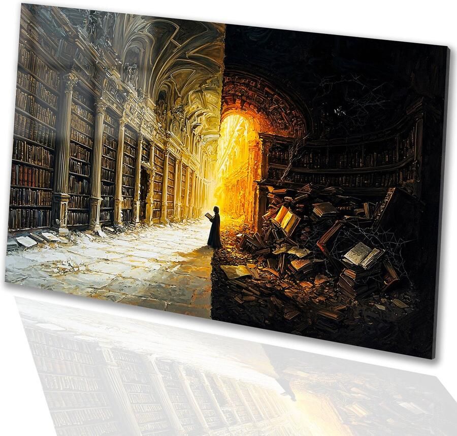 Mystieke bibliotheek met lichtcontrast Bibliotheek glasschilderijen Schilderijen boeken Surrealistisch Schilderij plexiglas Klassiek schilderijen acrylglas 90x60 cm