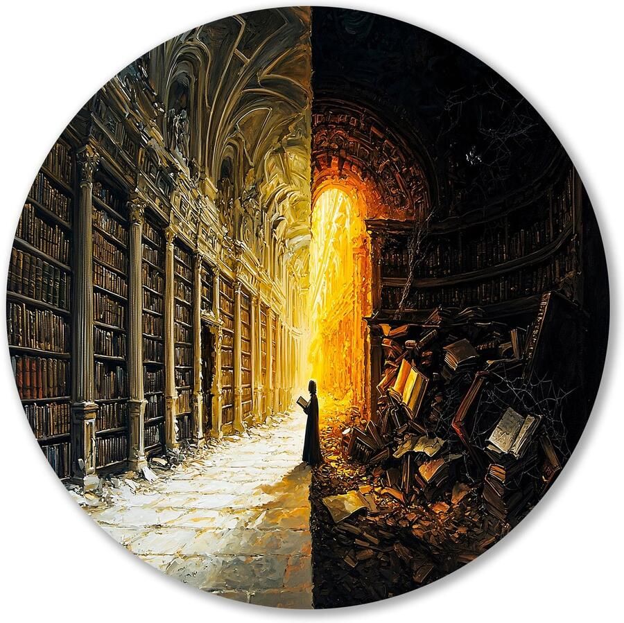 Mystieke bibliotheek met lichtcontrast Bibliotheek muurdecoratie rond kunstwerk boeken Surrealistisch Forex Wooninrichting met schilderijen muurcirkel forex 70x70 cm