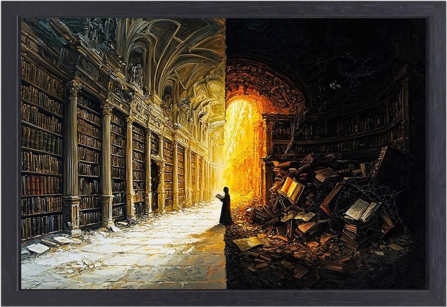 Mystieke bibliotheek met lichtcontrast Bibliotheek schilderij Wandkunst boeken Surrealistisch Schilderijen met baklijst Muurobjecten canvas met baklijst 90x60 cm