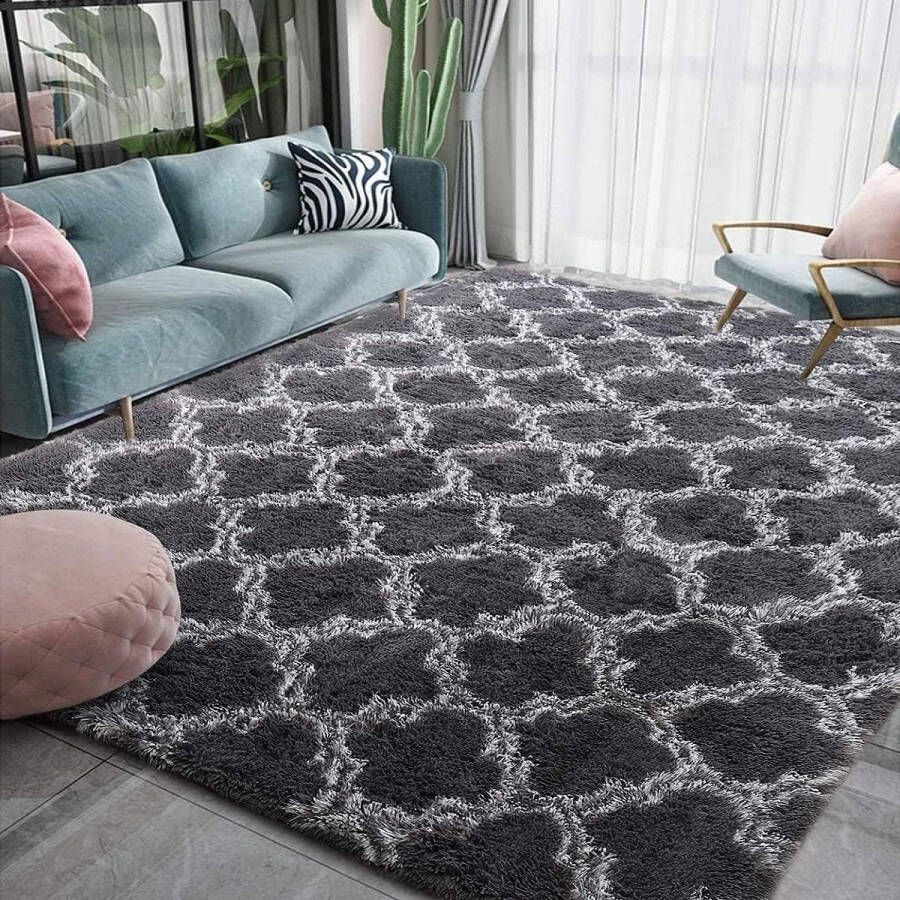 N A Shaggy tapijt kamer tapijt voor woonkamer anti-slip tapijt kamer zachte lange stapel tapijt rechthoekig comfortabel tapijt voor woonkamer kamer vloertapijt (lichtzwart 135 x 185 cm - Foto 2