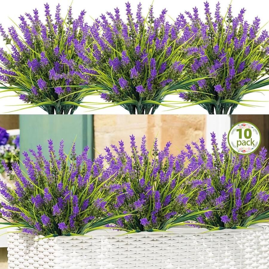 N&T NIETING Kunstplanten voor buiten 10 stuks kunstplanten met bloemen uv-bestendige kunststof plant voor buiten balkon tuin bureau decoratie balkon doos decoratie (paars)
