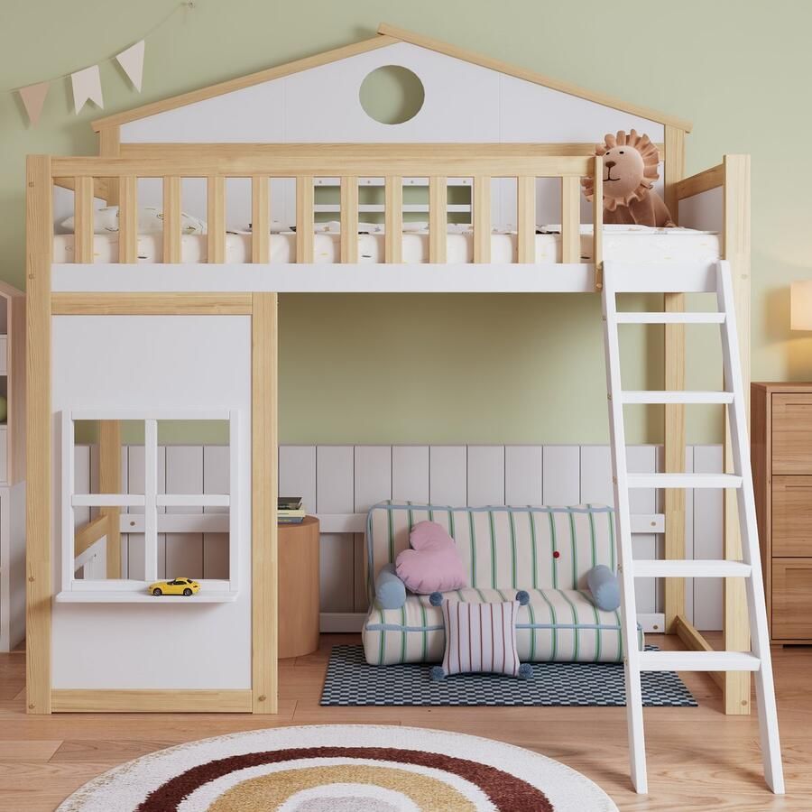 Stapelbed 90x200cm Zonder Matras Huisbed Met Trap Dak En Ramen Veiligheidshekje Vrije Onderbed MDF Kiefer Wit Natuurlijk Voor Kinderen