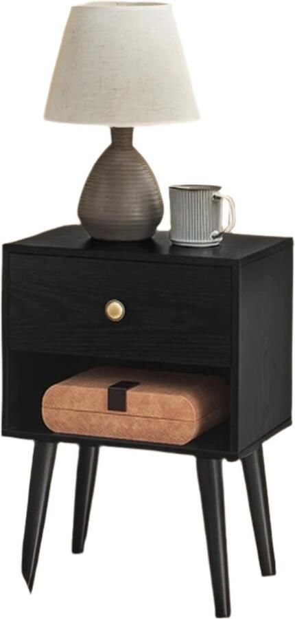 Nabide Table Zijzijs nachtkastje met lade en open plank houten benen 28 x 39 x 55 cm