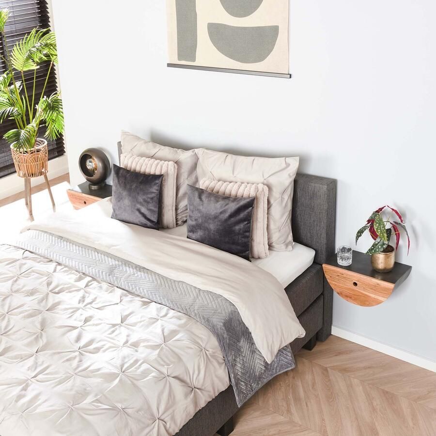 Nachtkast set acacia hout half rond 1 lade set van 2 bruin grijs acacia hout metaal 24 x 40 x 19 cm slaapkamer zwevend effect modern design