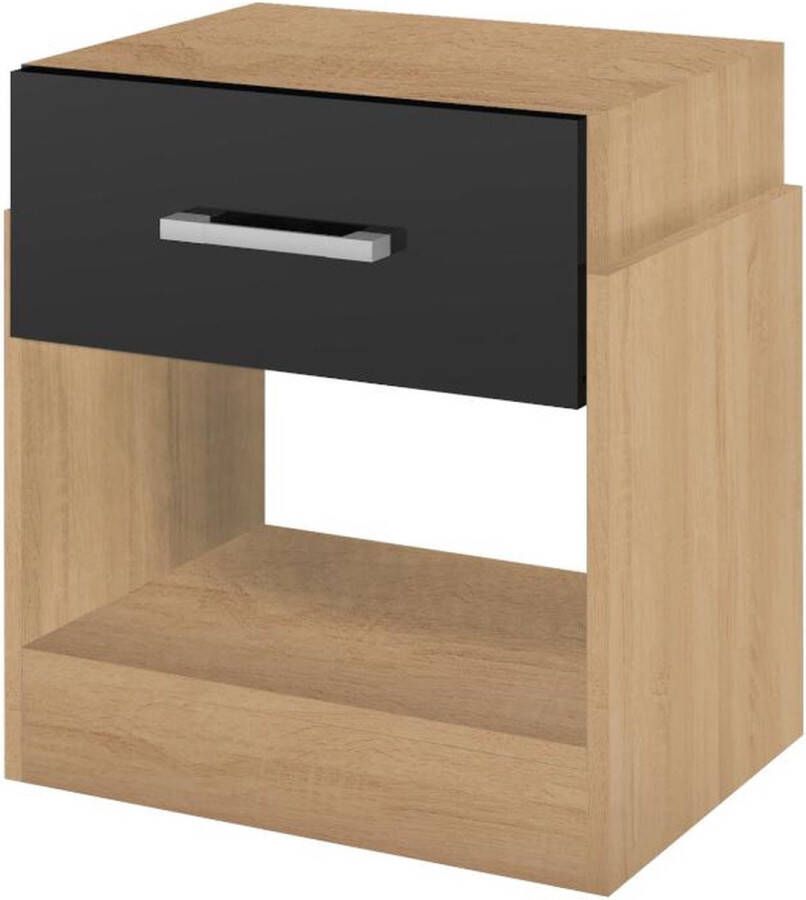 Nachtkastje 1 lade en 1 nis Kleuren: naturel en zwart BODIL II L 47 cm x H 51.2 cm x D 37.8 cm