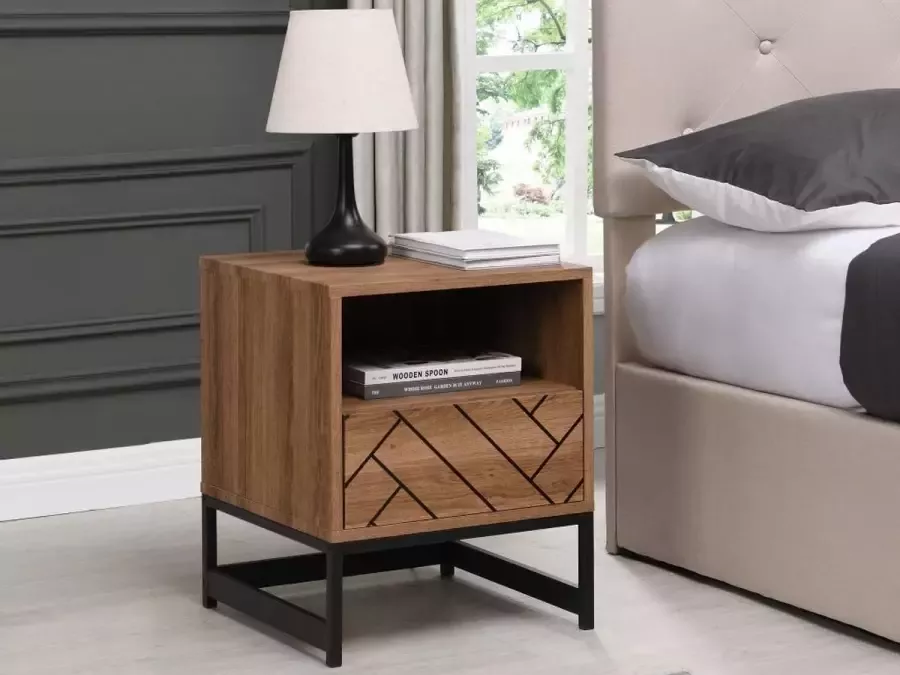 Vente-unique Nachtkastje 1 lade en 1 nis Mdf en staal Naturel en zwart CARATANA L 40 cm x H 50 cm x D 40 cm - Foto 2