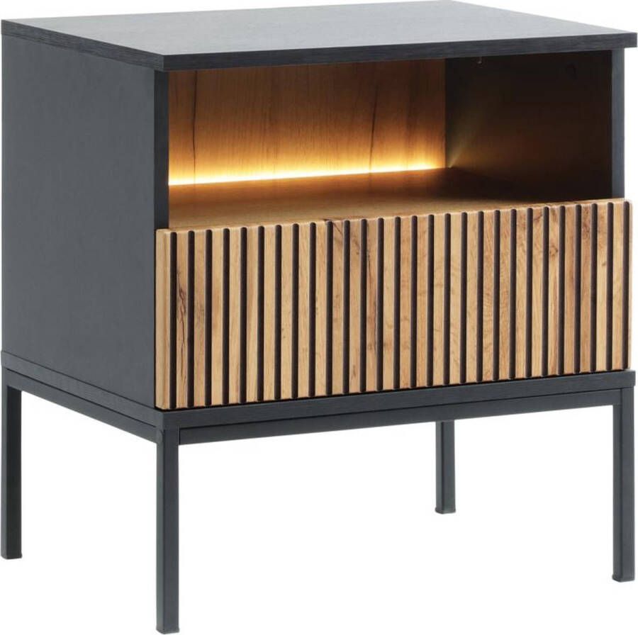 Vente-unique Nachtkastje 1 lade en 1 nis Met ledverlichting Zwart en naturel OVILA L 53.6 cm x H 56.2 cm x D 39 cm - Foto 3