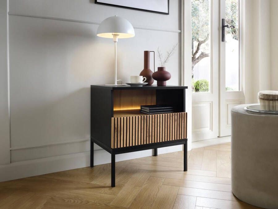 Vente-unique Nachtkastje 1 lade en 1 nis Met ledverlichting Zwart en naturel OVILA L 53.6 cm x H 56.2 cm x D 39 cm - Foto 2