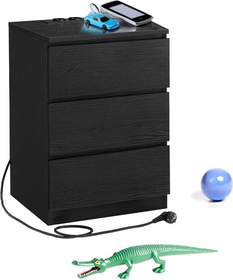 Nachtkastje 2 AC Stopcontacten 2 USB Poorten Modern Laadstation Opbergruimte- zwart
