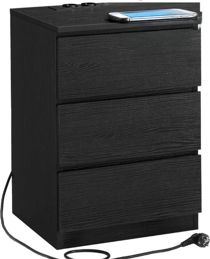 Nachtkastje 2 AC Stopcontacten 2 USB Poorten Modern Laadstation Opbergruimte- zwart