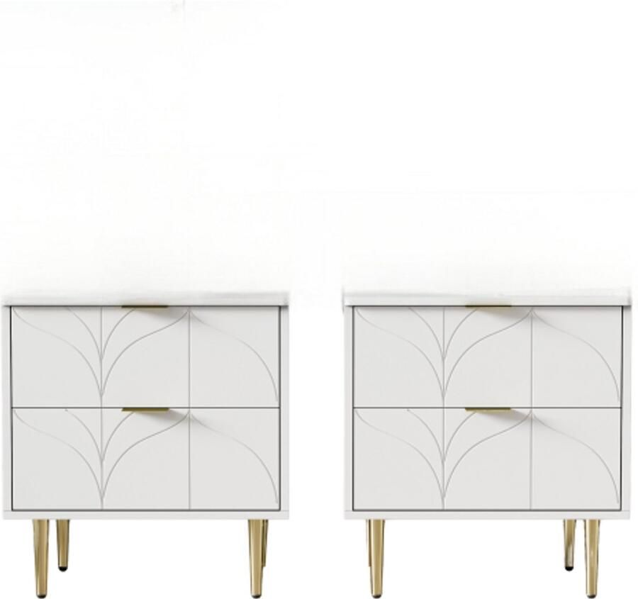 Nachtkastje 2-Delig Set 50x40x54cm Wit MDF 2 Laden Gouden Poten Gouden Knoppen Bloemenpatroon Anti-Bot Hoeken Geschikt Voor Slaapkamer