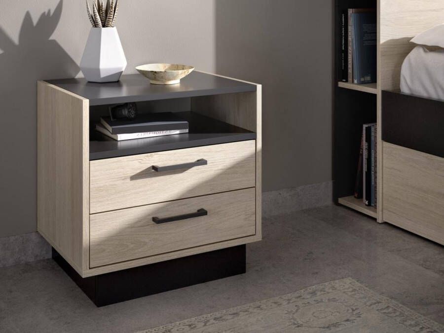 Vente-unique Nachtkastje 2 lades en 1 nis Naturelkleur en antraciet LEANDRE L 50 cm x H 51 cm x D 38 cm - Foto 2