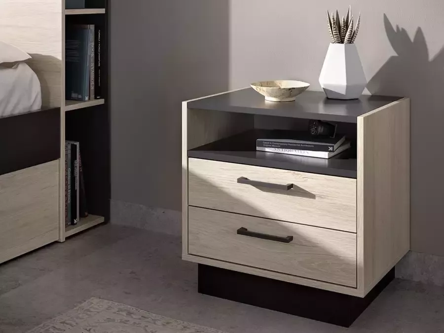 Vente-unique Nachtkastje 2 lades en 1 nis Naturelkleur en antraciet LEANDRE L 50 cm x H 51 cm x D 38 cm - Foto 3
