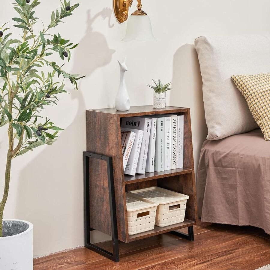 Nachtkastje 2 niveaus opbergruimte zwart houten bijzettafel voor bank woonkamer kinderkamer bed 50 x 32 x 68 cm nachtkastje zwart 60 cm hoog