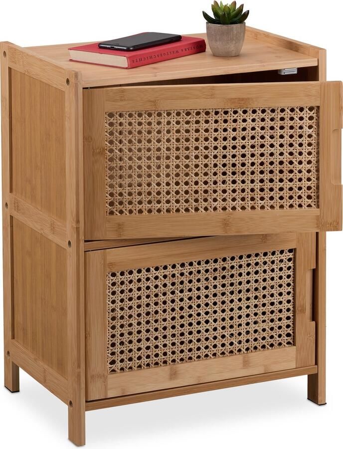 Relaxdays nachtkastje 2 rotan deuren 56 x 42 x 30 cm bamboe slaapkamer