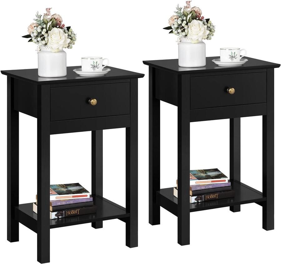Nachtkastje 2 stuks nachtkastje bijzettafel opbergtafel nachtkastje met lade en plank zwart 61 cm hoog