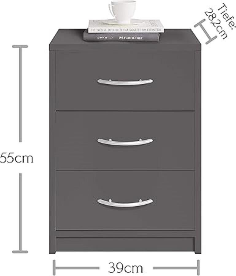 Nachtkastje grafiet eenvoudig nachtkastje met drie laden geschikt voor elk bed en slaapkamer 39 x 54 x 28 cm (B-H-D)