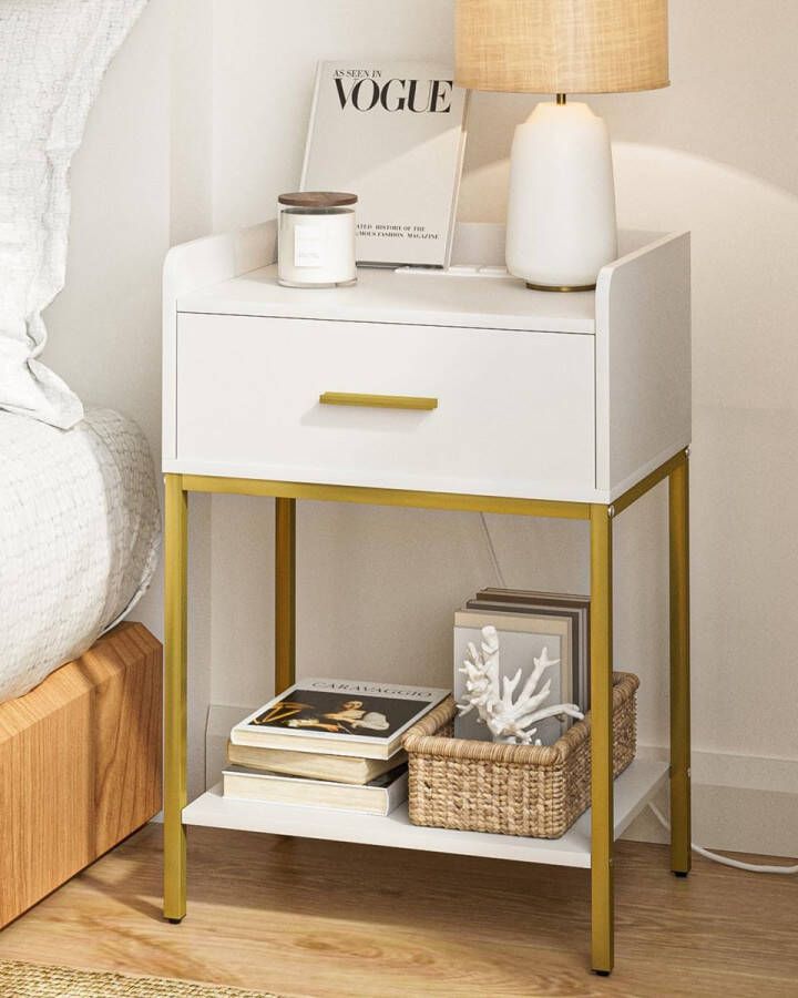 Nachtkastje 3-laags nachtkastje met 1 open plank en 1 lade moderne boho nachtkastje met gouden poot voor boxspring bed slaapkamer woonkamer wit goud
