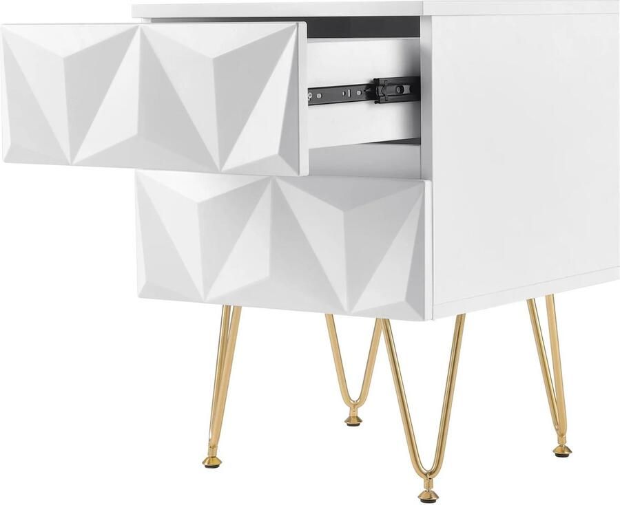 Nachtkastje – 3D-Effect Laden – Opbergkast met 2 Lades – Modern & Stijlvol – Metalen Poten – 40x53x40 cm – Wit
