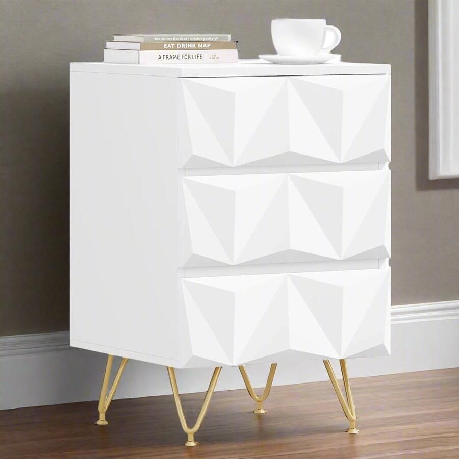 Nachtkastje – 3D-Effect Laden – Opbergkast met 3 Lades – Modern & Stijlvol – Metalen Poten – 40x53x40 cm – Wit