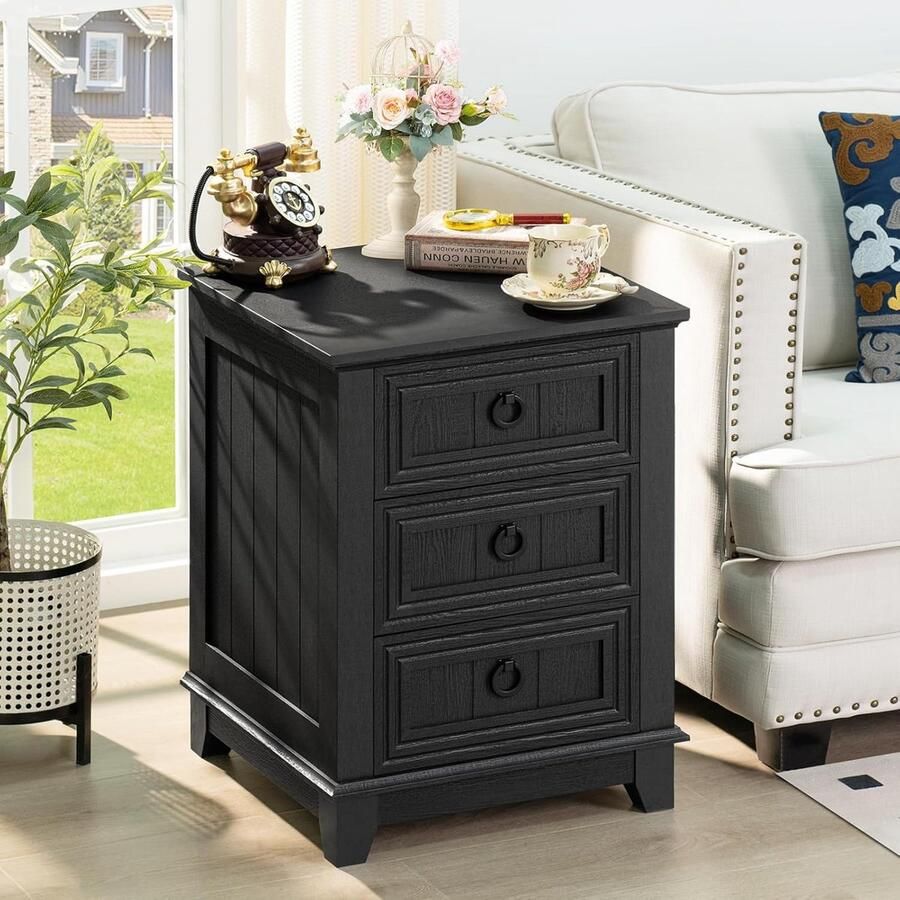 Nachtkastje 46 cm in landelijke stijl met 3 laden zwart houten bijzettafel commode met metalen handgreep perfect voor slaapkamer en woonkamer
