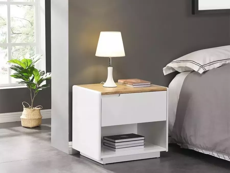 Vente-unique Nachtkastje 1 lade en 1 nis MDF Witgelakt en eikenkleur AMANI L 55 cm x H 50 cm x D 40 cm - Foto 2