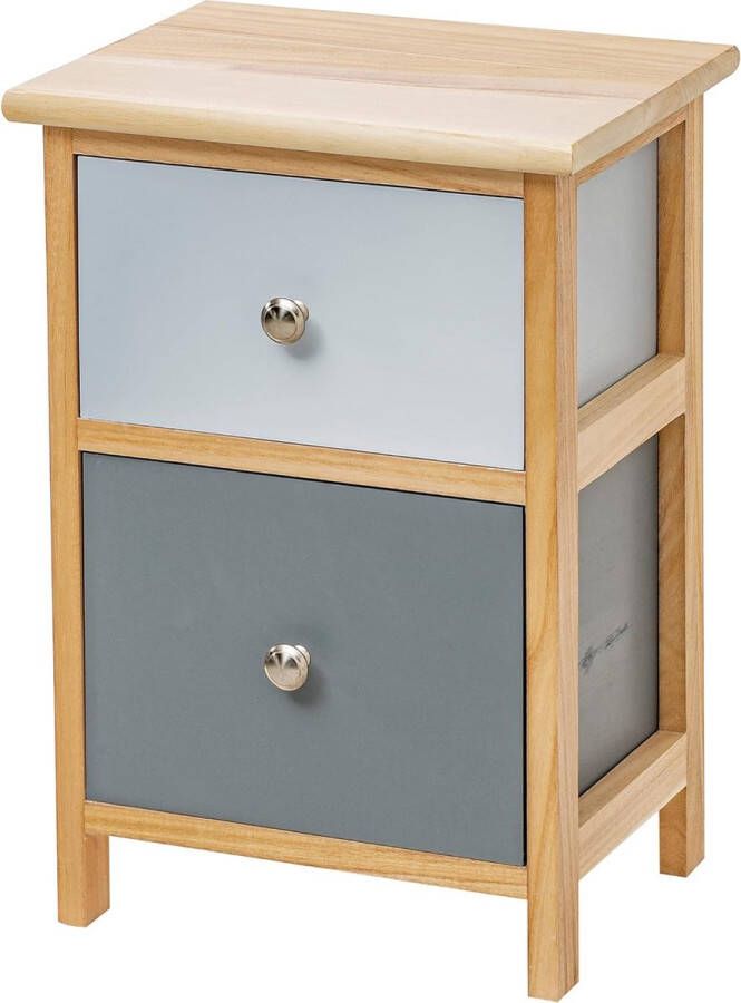 Nachtkastje badkamer- woon- en slaapkamerkast multifunctionele kast natuurlijk hout met twee laden lichtblauw en donkerblauw afmetingen 30x24x43 cm